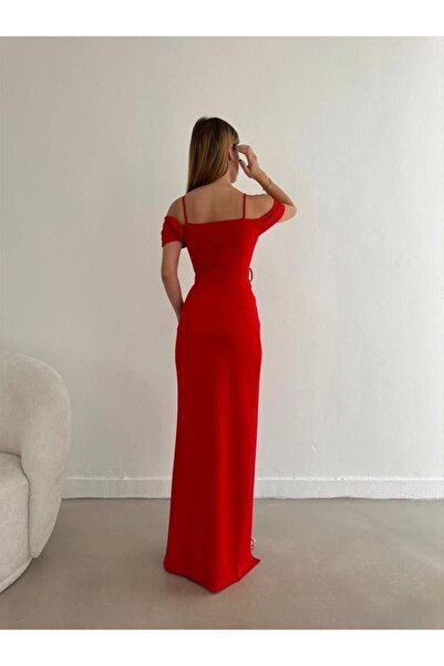 Modafeminen Düşük Omuz Yırtmaçlı Kemerli Elbise 582134 Kırmızı