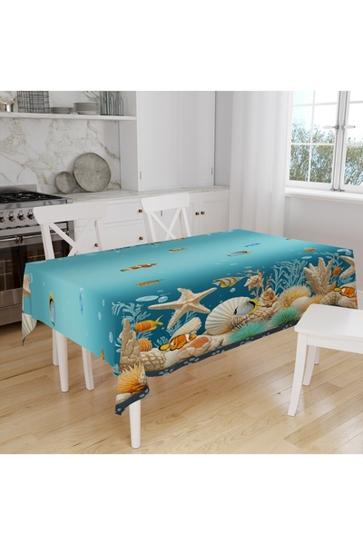 Else Dekor Blue Aquarium Sea Pattern Digital Printing Suede Fabric Kitchen Tablecloth