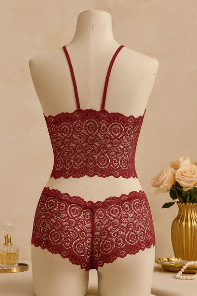 içgiyimist Bordo Fantezi Seksi Transparan Dantel Bralet Sütyen Takımı IM-12158