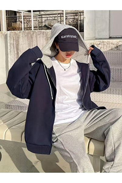 Karatopak Unisex Kanguru Cepli Oversize Gri Kapüşonlu Fermuarlı Lacivert Swea...