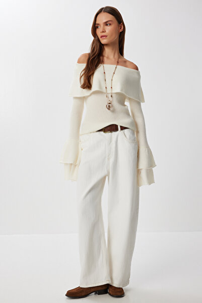 Lovelyİstanbul Off-The-Shoulder Flounce Knit Sweater Lns0086 Kemi̇k