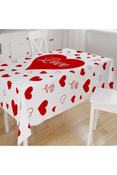 Else Dekor Red Hearts Patterned Digital Print Suede Fabric Kitchen Tablecloth