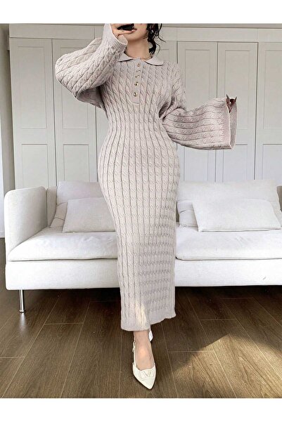 SAYZEN GÖMLEK YAKA DÜĞMELİ SAÇ ÖRGÜLÜ TRİKO ELBİSE