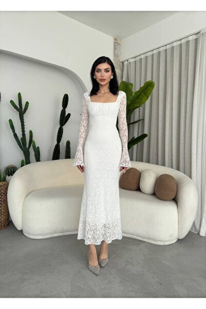 conconmoda Matilda Dantel Uzun Beyaz Elbise