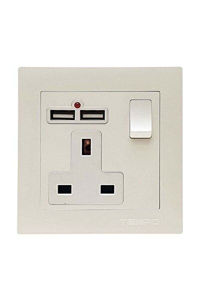 Tempo مقبس حائط مزدوج 13 أمبير مع مفتاح + USB أبيض لؤلؤي