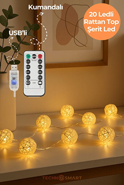 TechnoSmart 20 Ledli Rattan Top Şerit Led Işık – USB’li ve Kumandalı, 4m, 8 Mod Dekoratif Aydınlatma