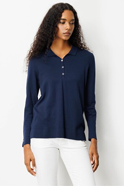 Desen Triko Women's Polo Neck Collar and Buttoned Sleeves Blouse Navy Blue