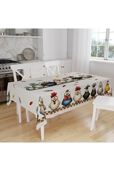 Else Dekor Cute Chickens Patterned Digital Printing Suede Fabric Kitchen Tablecloth