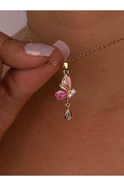 Furtek Aksesuar قلادة من الفولاذ الذهبي مرصعة بالزركون الوردي اللامع هدية للن...