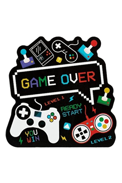 SHOPIENS Decoratiune din lemn pentru masa Shopiens®, cu imprimeu 'Game Over', neagra, 15 x 1.8 x 15 cm