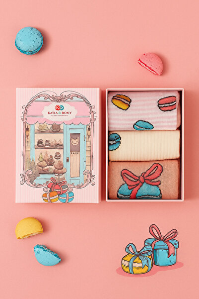 BONY SOCKS Комплект от 3 чифта чорапи за момичета в кутия с макарон мотив, ро...