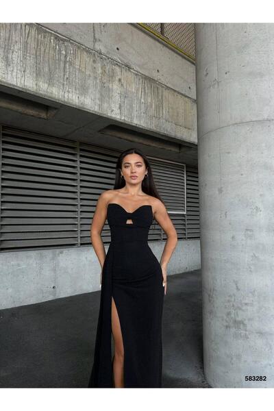 Modafeminen Flowers Esnek Kumaş Straplez Pile Detaylı Yırtmaçı Abiye Elbise 5...