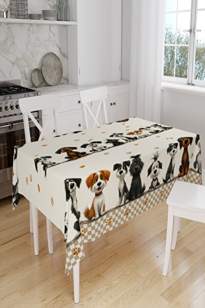 Else Dekor Cute Dogs Patterned Digital Print Suede Fabric Kitchen Tablecloth