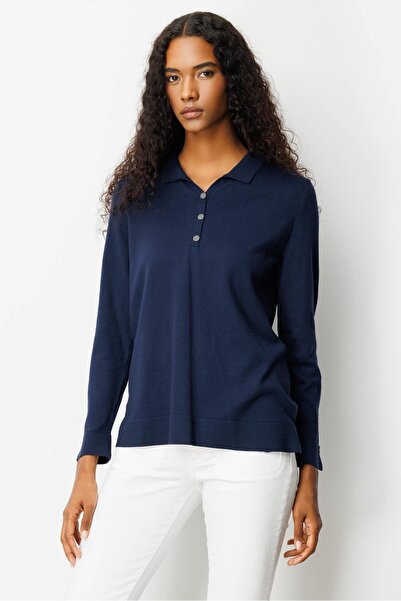 Desen Triko Women's Polo Neck Collar and Buttoned Sleeves Blouse Navy Blue