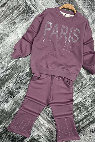 Riccotarz Girl's Crystal Stone Paris Written Spanish Leggings Purple Tracksuit Set