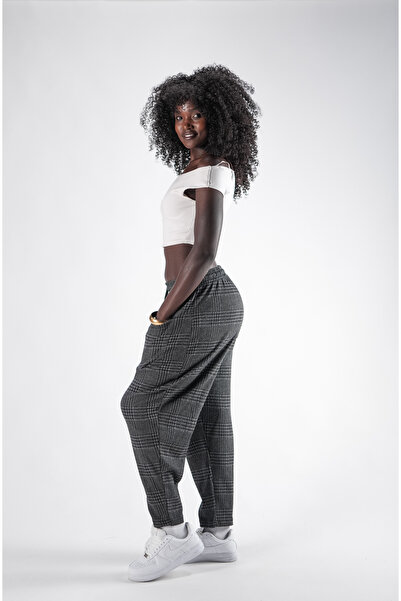 Superbluemexico Women's Jacquard Plaid Patterned Baguette Pants with Front Pockets