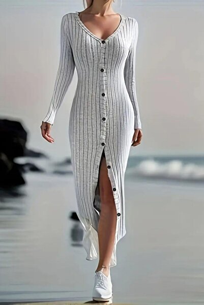 Mossta Long Sleeve Front Buttoned Slit Camisole Dress - Gray