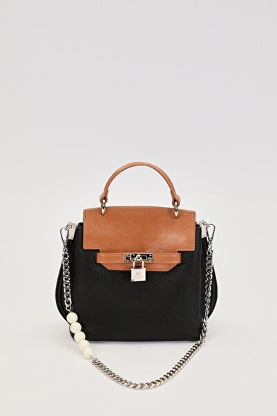 Levidor Black-Camel Pearl Strap Detailed Handbag