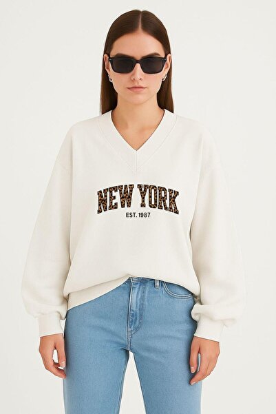 DM DOLCE MORE SWEATSHIRT UNISEX CU DECUPAJ ÎN V IMPRIMAT NEW YORK