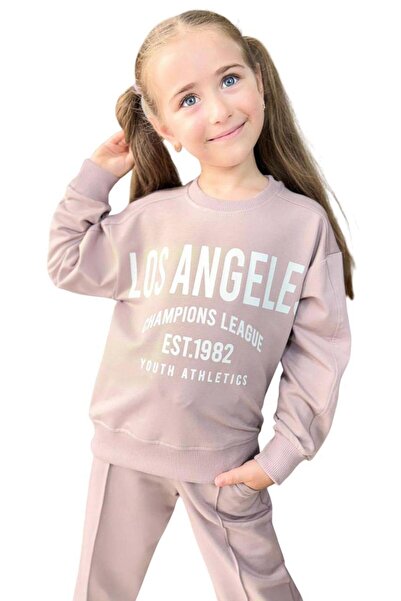 Riccotarz Girls' Loose Fit Powder Tracksuit Set with Los Angeles Detail on the Ankles