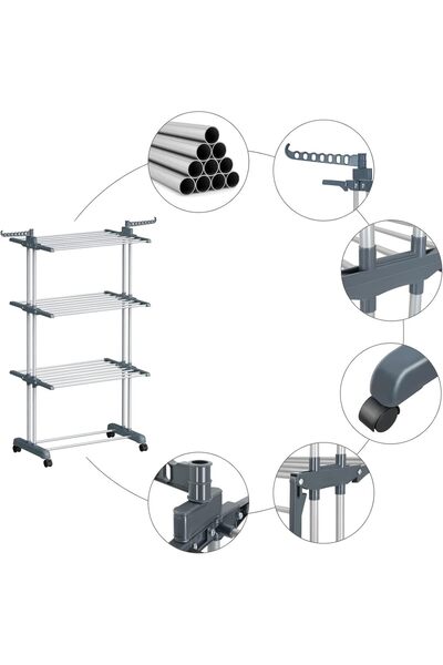 Taimi 4-Tier Clothes Drying Rack (Gray) – Each Layer Supports 10 kg , Rolling Design -170H x 76W x 50D cm
