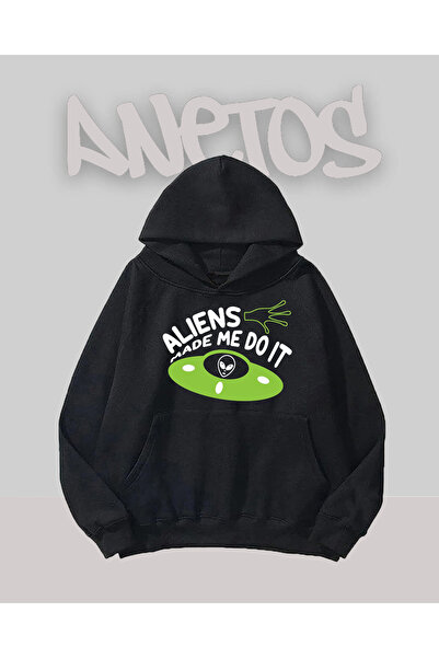 Anetos Designul Aliens Made Me Do It este negru în față cu imprimeu Swea tricou