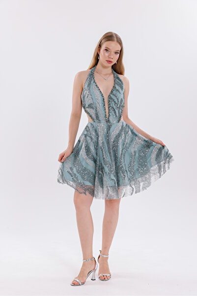 BDM Exclusive Taşlı Kumaş El İşi Taş Detaylı V Yaka Kısa Abiye Elbise