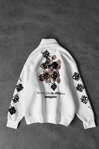 Slatra Ανδρικό φούτερ με μισό φερμουάρ, λευκό Affect Flock Print, Oversize