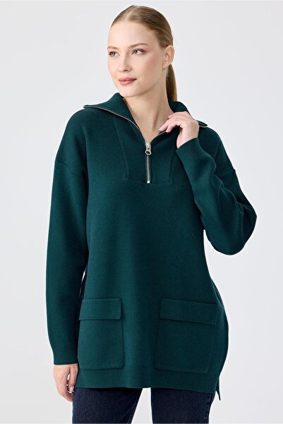 Tığ Triko Fermuarlı Dik Yaka Triko Tunik NEFTİ