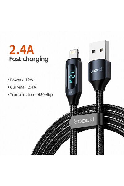 Toocki كابل USB بشاشة LED سوداء بطول 2 متر وقوة 2.4 أمبير لهاتف iPhone 14 13 ...