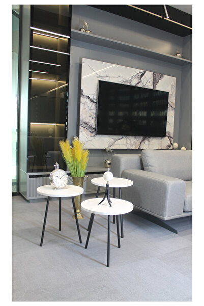 DECORAMİS Parma Zigon Sehpa Beyaz 3'lü - Zigon Sehpa 3'lü - Beyaz Zigon Sehpa