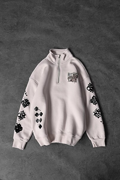 Slatra Ανδρικό φούτερ με μισό φερμουάρ σε μπεζ χρώμα Affect Flock Print Oversize