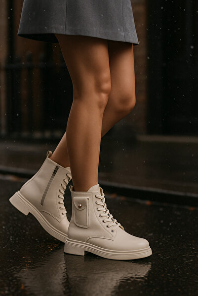 ich1one Iselleth Γυναικείες μπότες με κορδόνια και φερμουάρ Daily Boots 001204 Skin