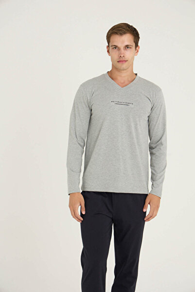 KLY 100% Cotton Men's V-Neck Pajama Set Modern Design