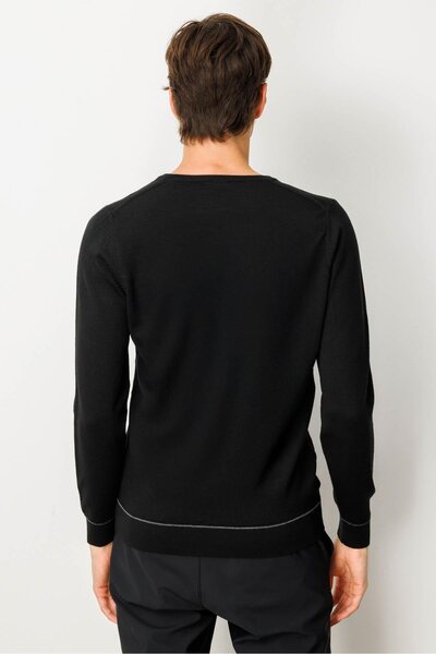 Desen Triko Men's V-Neck Striped Argyle Wool Sweater Black