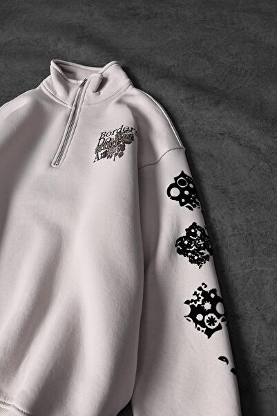 Slatra Ανδρικό φούτερ με μισό φερμουάρ σε μπεζ χρώμα Affect Flock Print Oversize