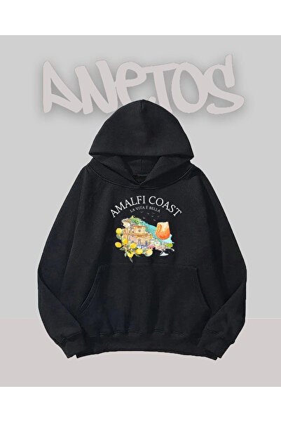 Anetos سويت شيرت أسود مطبوع من الأمام بتصميم ساحل الأمالفي