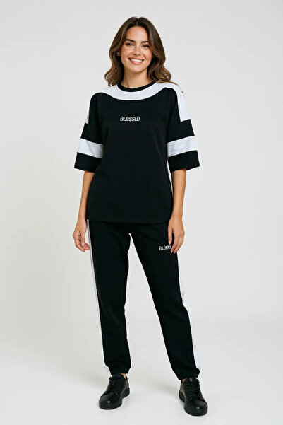 NEWCO Blessed Written Black and White Color Block Oversize Women's Tracksuit Set