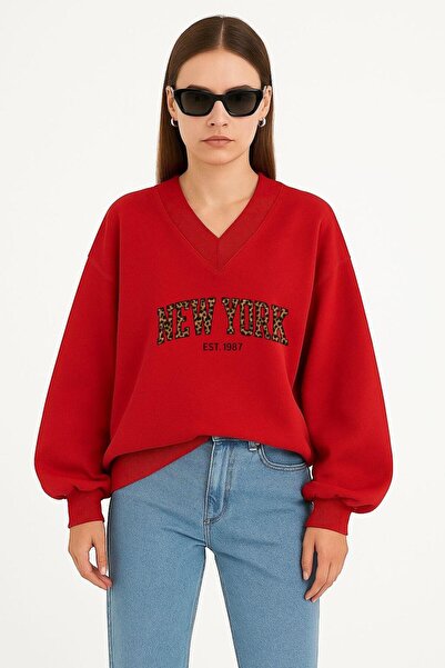 E-ROMA SWEATSHIRT UNISEX CU DECUPAJ ÎN V IMPRIMAT NEW YORK