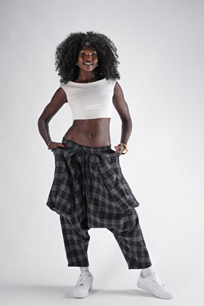 Superbluemexico Kadın Jakar Ekose Desenli Avangard Şalvar Pantolon