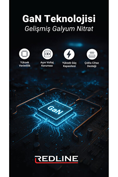 Redline 65W GAN Type C + Type C + USB A Girişli Hızlı Şarj Adaptörü