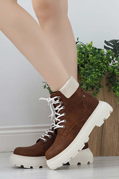 Catelyn Kadın Taba Zümrüt Deri Bağcıklı Kaymaz Taban Cat Bot