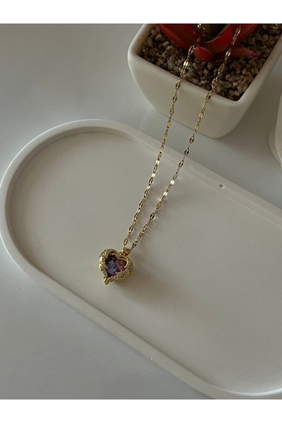 316L kalite paslanmaz çelik gold kalpli zirkon kolye