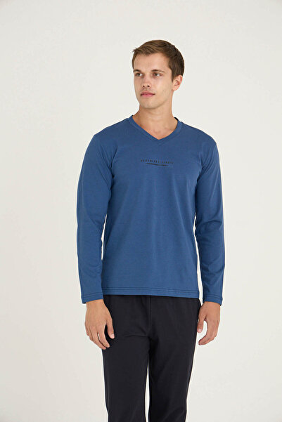 KLY 100% Cotton Men's V-Neck Pajama Set Modern Design