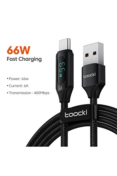 Toocki كابل 2 متر 66 وات من النوع C إلى النوع C أسود، شاحن سريع PD 100 وات، USB C إلى USB C، شاشة