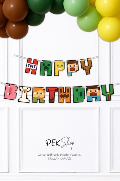 PEKSHOP Minecraft Happy Birthday Banner Parti Süsleri İpe Dizili Duvar Süsü