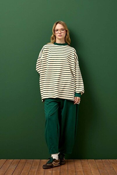 Ceylan Otantik Emerald Green Striped Sweat & Shalwar Pants Set