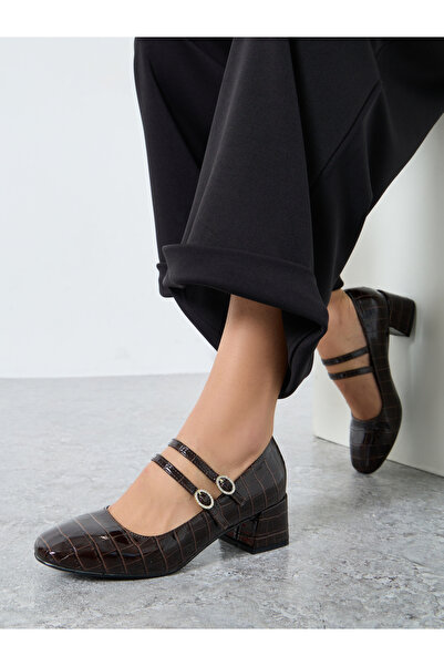 Styli Coffee Brown Croc-Effect Mary Jane Shoes