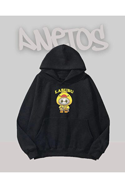 Anetos Labubu Yellow Design Sweatshirt cu imprimeu pe față Negru