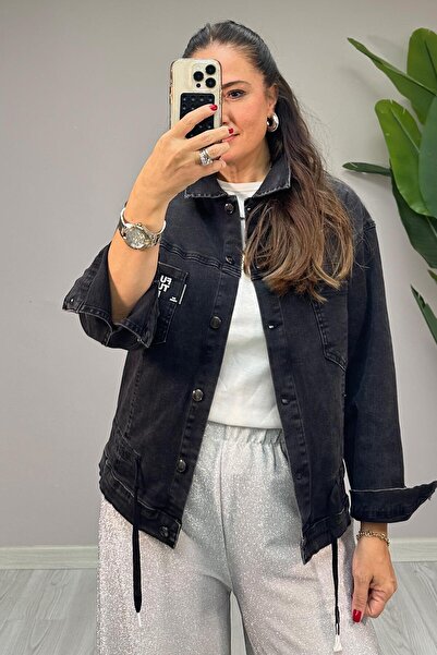 Mine Sabuncuoğlu Pamilla İp Büzgülü Kot Ceket Siyah